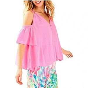 Lilly Pulitzer Bellamie‎ Cold Shoulder Ruffle Top Size XXS  Lined Tiki Pink